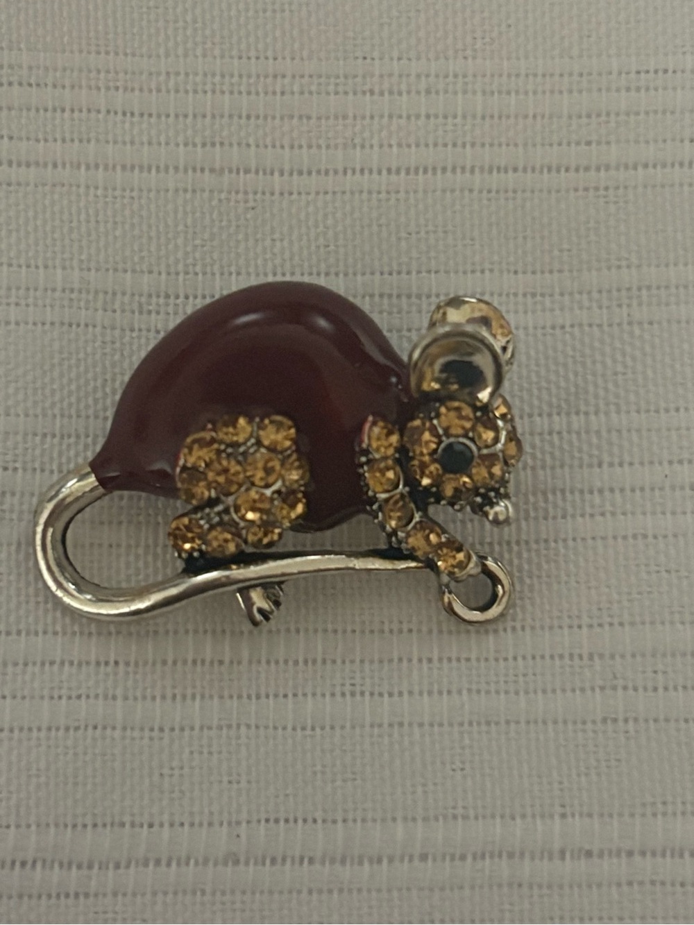 Gold-Tone Brown Mouse Brooch with Amber Rhinestones